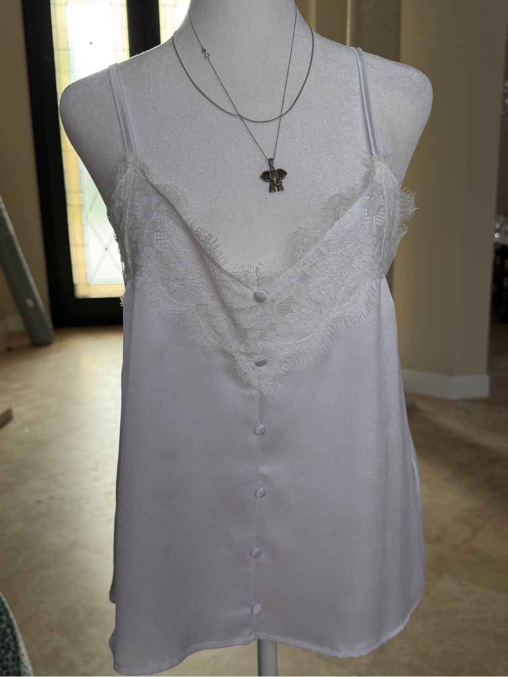 White Lace-Trim Satin Camisole Top